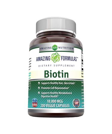 Amazing Formulas Biotin Supplement 10000 mcg (Non-GMO, Gluten Free) - Supports Healthy Hair, Skin & Nails - Promotes Cell Rejuvenation (Veggie Capsules, 200 Count) Veggie Capsules 200 Count (Pack of 1)