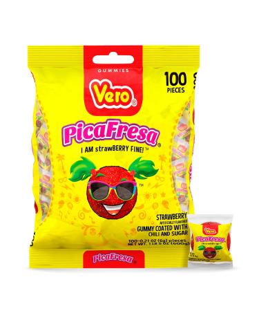 Vero Pica fresa - Strawberry Flavored Chewy Gummy Candy Treats - 100 Piece - (1 Lb 5.15 Ounces Each) - Individually Wrapped Mexican Candy Perfect for Pi atas Halloween and More Strawberry 100 Count (Pack of 1)