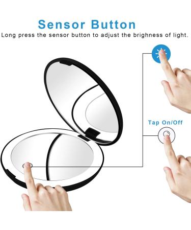 Deweisn Compact Rechargeable Lighted Makeup Mirror - 1X/10X Magnifying, Foldable, Double-Sided - Ideal for Travel, Purse, Handbags - Black - Buy Online on GoSupps.com