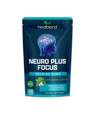 Healblend Neuro Plus Focus Chewing Gums - Peppermint Flavor - Nootropic Energy Gum with Caffeine L-Theanine Rhodiola - Supports Memory Mental Clarity & Concentration - 90 Pieces (1)