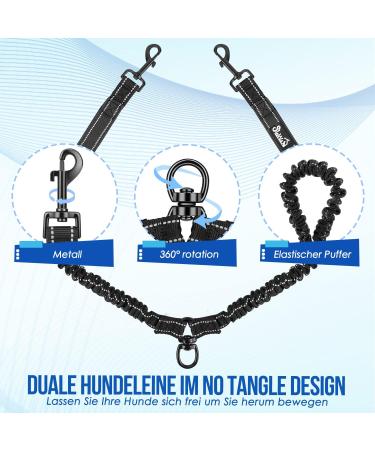 Slowton Double Linen Dog Leash for 2 Dogs 360 Rotatable Reflective Shock-Damping Padded Handles - Comfort for Small & Medium Dogs (3-16kg) - Black - Buy Online on GoSupps.com