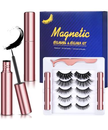 Magnetic Lashes with Eyeliner and Tweezers  5 Pairs Reusable Magnetic Eyelashes and 2 Tubes of Waterproof Magnetic Eyeliner Kit  False Eyelashes 3D Natural Look  Easy to Wear  No Glue Needed