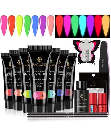 Saviland Glows in the Dark Poly Nail Gel Kit - 7 Colors Neon Poly Gel Nail Kit Halloween Poly Nail Extension Gel Kit Poly Gel Kit Enhancement Manicure Kit Christmas Party Glow in the dark