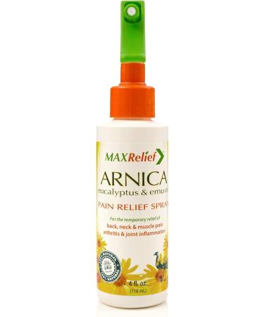 MaxRelief Arnica Pain Relief Spray - Australia's #1 - now available in Canada - Arnica Eucalyptus & Emu Oil - 4 oz - 3X times more Arnica than other Pain Sprays Chosen by Sufferers of Back Neck & Muscle Pain & Reduces Arthritis Pain & Joint Inflammation - Buy Online on GoSupps.com