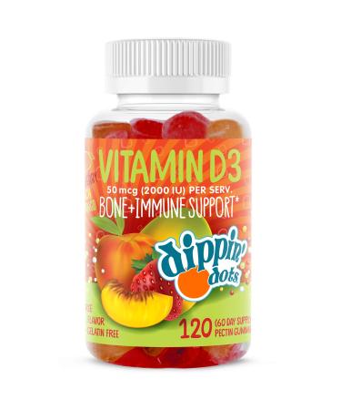 Dippin' Dots - Vitamin D3 Gummies Bone & Immune Support (120 Gummies) 2000 iu of Vitamin D3 per Serving | Natural Strawberry Peach & Mango Fruit Pectin Gummies for Adults | Vegan Non-GMO Gluten Free