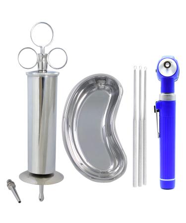 VISION TEK MED 6 Piece Ear Wax Cleaning Kit Ear Wax Removal Syringe Ear Wax Remover Loops Curette Kidney Bowl & Otoscope Set (Blue)