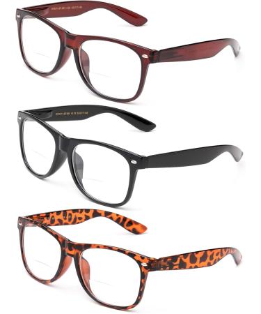 Bifocal Reading Glasses 3 Pack - Comfortable Spring Hinge Oversized Specs in Black Brown & Tortoise - 2.00 X for Perfect Vision - Buy Online on GoSupps.com