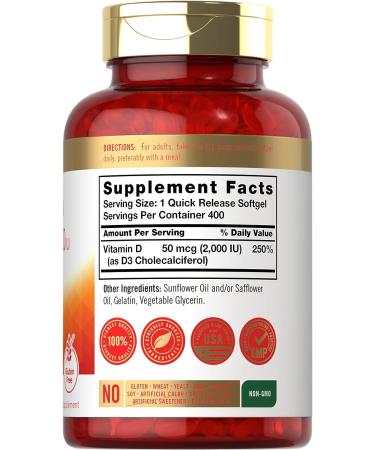 Carlyle Vitamin D3 2000 IU Softgels - 400 Count - Non-GMO & Gluten Free Formula - 50 mcg Vitamin D Supplement - Buy Online on GoSupps.com