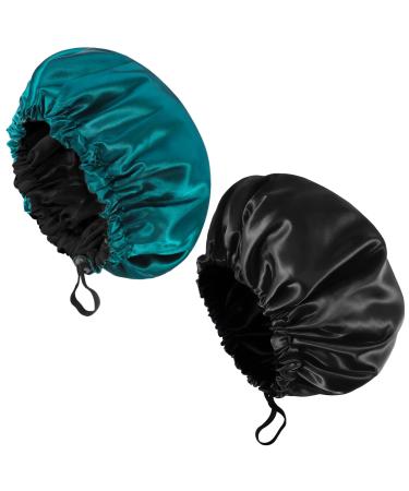 Fuyamp 2 Packs Satin Sleep Cap Adjustable Silky Sleep Bonnet for Women Long Curly Hair Double-Sided Waterproof Satin Hair Cap Extra Large Sleep Satin Bonnet for Women Girls Sleeping Black+Lake Green - Buy Online on GoSupps.com