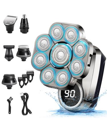 Head Shaver for Men 9D Electric Razor for Men Bald Head IP67 Waterproof Men's Rotary Head Beard Shaver with LED Display 6 in 1 Grooming Kit Electric Shaver for Wet Dry Shaving Gift for Bald Men