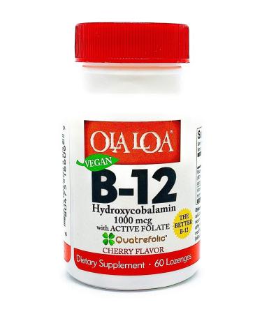 Ola Loa Vitamin B12 Sublingual Cherry Dietary Supplement - HydroxyCobalamin Active Folate Vegan Formula - Promote Your Body's Energy Nerve and Brain Support - 60 Tablets