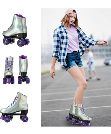 YYW Double Roller Skates - Purple Glossy Flash | High-top PU Leather Skates for Women Men with Light up Wheels | Adjustable Sizes for Adult Girls Beginners - Buy Online on GoSupps.com