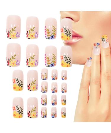 Fake Nails | Square Flower False Nails Detachable Artificial Fake Nails Long Lasting Gel Nail Strips for Women and Girls Riastvy