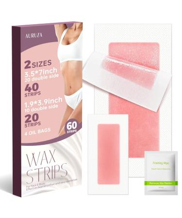 Wax Strips 60 Counts Waxing Strips for All Skin Types 40 Body trips and 20 Facial Strips+ 4 Calming Oil Wipes Hair Removal Body Wax Strips for Face Legs Arms Underarms Bikini Wax Kit