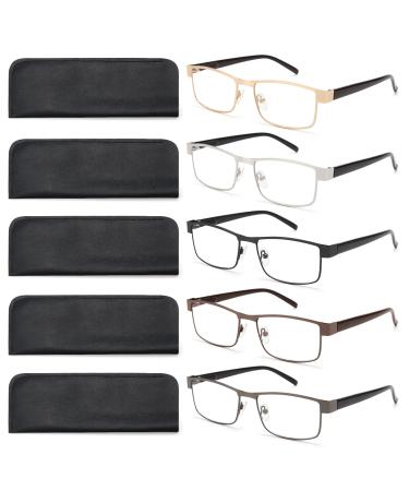 Reading Glasses for Men Blue Light Blocking, Metal Readers Anti Eye Strain/Migraine Computer Eyeglasses 5 Packs/Soft Cases (Brown/Black/Silver/Gunmetal/Gold 1.5) Brown/Black/Silver/Gunmetal/Gold 1.5 x
