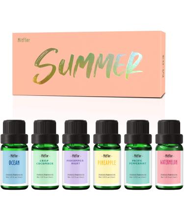 Summer Fragrance Oil, MitFlor Premium Scented Oils for Diffuser, Soap & Candle Making Scents, Summer Aromatherapy Essential Oils Gift Set, Ocean, Midsummer Night, Pineapple and More, 6x10ml 0.33 Fl Oz (Pack of 6)