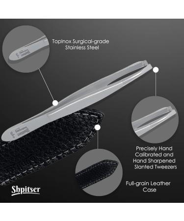 Shpitser German Stainless Steel Eyebrow Tweezers with Ceramic Blasted Slanted Tip - Black Leather Case - Buy Online on GoSupps.com