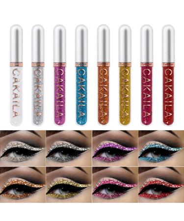 8 Colors Liquid Glitter Eyeliner Set Colorful White Silver Red Brown Blue Purple Glod Eye Liners For Party Festival Waterproof Long Lasting Eyeshadow Pencil Quick Dry Eyes Makeup Kit SET03
