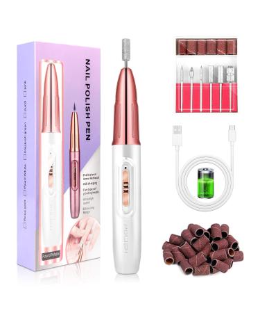 Cordless Electric Nail Drill: 30000RPM Professional Electric Nail File for Acrylic Polish Gel Nails Removal Rechargeable Nail Dril with Nail Drill Bits Sanding Bands(White Gold)