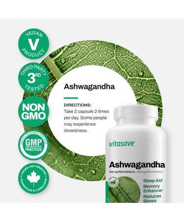 Vitasave Organic Ashwagandha Supplement 120 Vegetarian Capsules - 1300mg per Serving - Non-GMO Gluten-Free & Dairy-Free - Natural Sleep Aid - Memory Enhancer - Reduces Stress - Buy Online on GoSupps.com