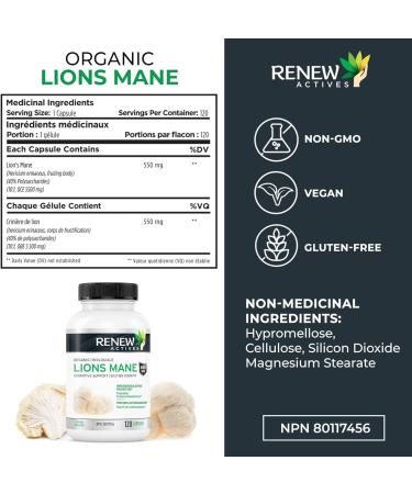 Renew Actives Premium Organic Lion's Mane Mushroom - Supports Brain Function Memory Focus Stress Relief and Immune Health Gluten-Free Non-GMO Vegan Made in Canada - 120 Capsules (2pk) 120 count (Pack of 2) - Buy Online on GoSupps.com