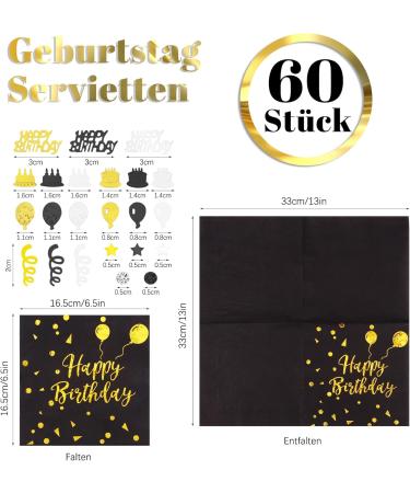 Altcompluser 60 Black Gold Birthday Napkins | 33x33cm Happy Birthday with Confetti - Perfect Party Decoration | International Shipping Available - Buy Online on GoSupps.com