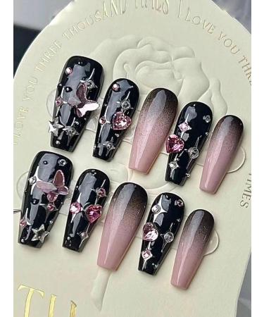 10pcs Star Heart Black Coffin Fake Nail Bow Heart Press on Nails Heart Rhinestone Long Coffin Nails Luxurious Nails Acrylic Nails Fake Nails For Women Girls - Buy Online on GoSupps.com
