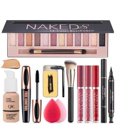 All in One Makeup Kit 12 Colors Eyeshadow Palette Beige Foundation Lipstick Set Eyebrow Soap Eyeliner Stamp Waterproof Mascara Makeup Brush Makeup Sponge Gift Set for Women Girls & Teens Beige# Foundation Set