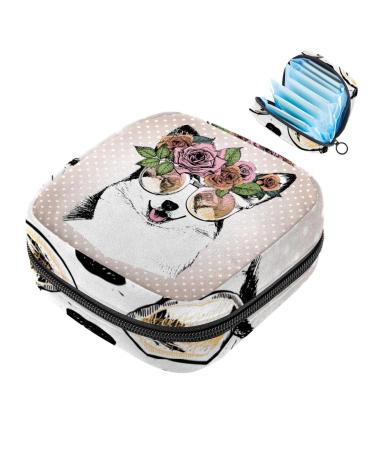 Women's binding-up bags hand-drawn Corgi with flowers on their heads portable menstrual pocket bag panty lip inlays tampons women's bandages storage holder for women school office multicolored 02