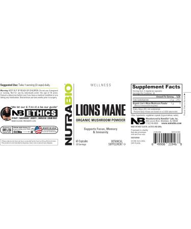 NutraBio Lions Mane Supplement Capsules- Organic Lion's Mane Mushroom Powder (500mg)- Focus Memory Immunity - 60 Vegetable Capsules 60 Count (Pack of 1) - Buy Online on GoSupps.com