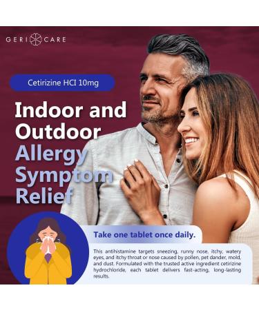 GeriCare Cetirizine HCI 10mg Antihistamine Tablets 100 Count 24 Hour Seasonal & Year-Round Allergy Relief for Indoor & Outdoor Allergies Sneezing Runny Nose Itchy Eyes & Throat 100 Count (Pack of 1) - Buy Online on GoSupps.com