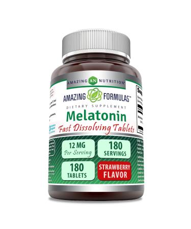 Amazing Formulas Melatonin Fast Dissolving 12 Mg per Serving 180 Tablets Supplement | Strawberry Flavor | Non-GMO | Gluten-Free | Made in USA
