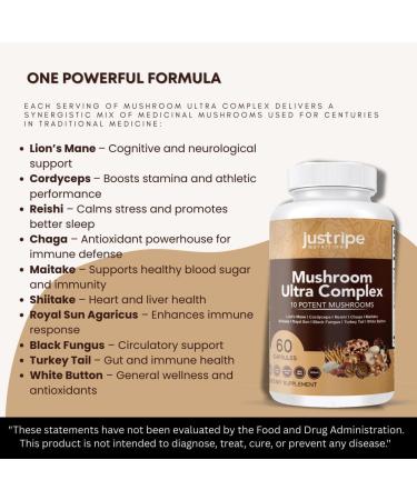 Just Ripe Nutrition Mushroom Ultra Complex - Reishi Cordyceps Lions Mane & Shiitake - Immune System Booster & Nootropic Brain Supplement - Enhance Memory and Focus - Stress Relief - 60 Capsules - Buy Online on GoSupps.com