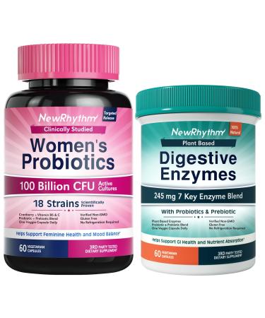 NewRhythm Digestion & Feminine Health Bundle Probiotics Prebiotics Digestive Enzymes Cranberry Vitamin C & B6 Bundle & Save 60 Capsules Each