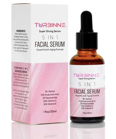 TURBINNE 5 In 1 Overnight Facial Serum. 5 Powerful Serums. Retinol  Hyaluronic Acid  Niacinamide  Vitamin C & E. Powerful Anti-Aging  Reduce Wrinkles  Acne Scars  Dark Spots  1fl Oz