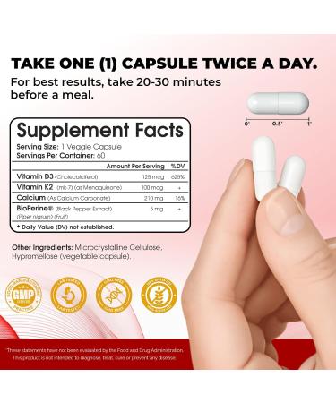 shrink Toning Vitamin D3 + K2 Supplement 125 mcg Vitamin D & 100 mcg K Immune & Bone Support Non-GMO Gluten-Free 60 Capsules - Buy Online on GoSupps.com