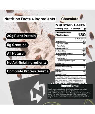 Nutrition On The Go Vegan Protein Powder Packets with Creatine 20g Plant Proteins + 5g Creatine Single-Serve Travel Protein Powder All-Natural Gluten-Free Chocolate (15-Pack) Chocolate 15 Packets - Buy Online on GoSupps.com