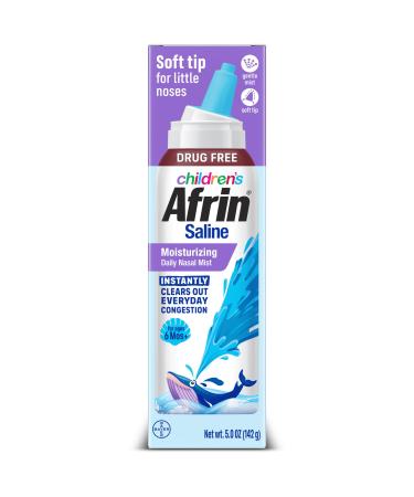 Afrin Moisturizing Children s Saline Mist for Everyday Nasal Congestion and Dry Nose, Isotonic Seawater Saline Spray for Babies 6+ Months, Drug Free Baby Congestion Relief with Soft Tip Nozzle, 5 oz Non-medicated
