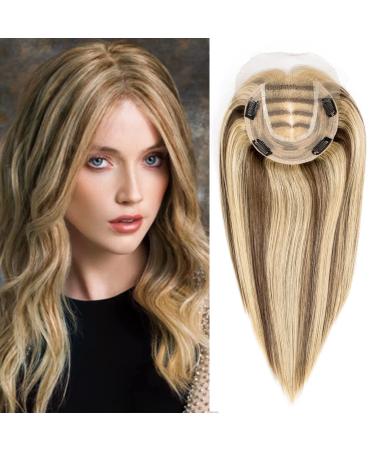 Human Hair Topper for Women Thinning Hair 150% Density Hand Made Toupee with lace front 100% Real Human Hair Clip in Hair Pieces Mono Base 14 * 15cm by Originea (12 -70g #4/27) 12 Inch #4/27 Medium Brown Mix Dark Blonde