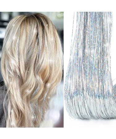 Silver Hair Tinsel Kit with Tools 47 Inch 1100 Strands Tinsel Hair Extensions Fairy Hair Tinsel Kit Heat Resistant  Sparkling Shinny Glitter Tensile Hair Extensions for Women Girls Hair Accessories (Silver)