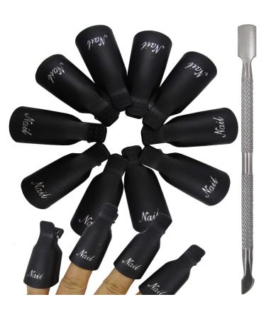 Nail Polish Remover Clips Tools Soak Off Caps UV Gel Removal Manicure Fingernail Polish Clip Tools with Metal Cuticle Pusher Spoon Remover Pedicure Tool Black