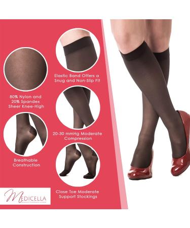 Medicella Sheer Knee High Compression Socks - Closed Toe 20-30 mmHg Medical Quality Circulation Support Stocking - Made in USA - Small Black - Buy Online on GoSupps.com