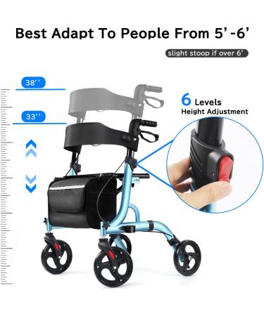 UrEscort Lightweight Rollator Walker for Seniors with Seat, Adjustable Handle & Basket - Blue - Buy Online on GoSupps.com