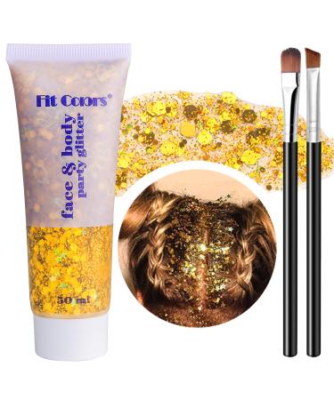 Sunnylisa body glitter gel mermaid sequin sparkling chunky glitter liquid gel for face hair lips glitter for festival glitter masquerade birthday makeup contains 2 brushes golden*1