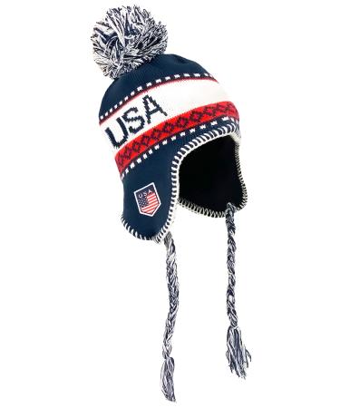 USA Winter Hat, Knit Beanie Snow Winter Hat Ski Cap with Pom, USA Peruvian Hat with Ear Flaps and Fleece Lining
