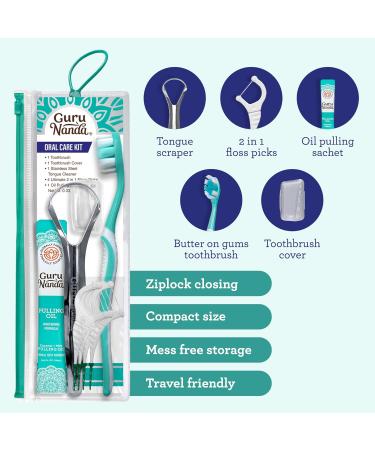 GuruNanda Travel-Friendly Oral Care Kit | Toothbrush Tongue Scraper & Floss Picks | Coconut & Mint Oil Pulling - Buy Online on GoSupps.com
