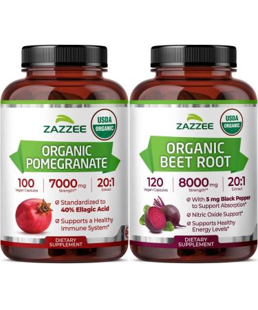 Zazzee Organic Anti Aging Healthy Heart Support Bundle | Antioxidant Rich USDA Organic Beet Root Extract Plus Pomegranate Extract Capsules | Non-GMO Vegan & ISO Lab Tested