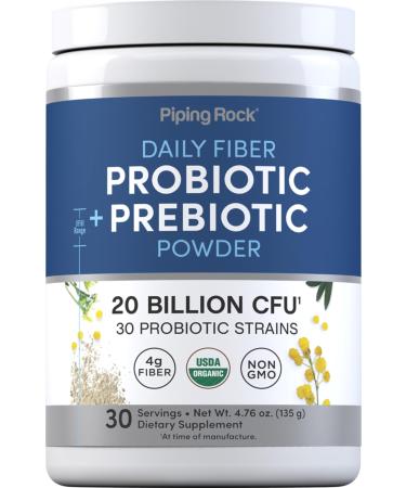 Piping Rock Probiotic and Prebiotic Powder | 20 Billion CFU | 4.76 oz | Organic Fiber Blend | for Women and Men | Vegan Non-GMO Gluten Free Supplement