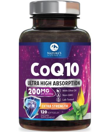 CoQ10 200mg - Ultra High Absorption Co Q 10 Softgel Supplement With Black Pepper Energy & Heart Health Support Antioxidant - Coenzyme Q10 (Ubiquinone) for Women & Men Bottled in USA - 120 Softgels 120 Count (Pack of 1)