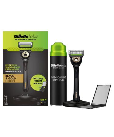 GilletteLabs Men's Razor + 2 Razor Blade Refills with Exfoliating Bar Gift for Men Includes Premium Magnetic Stand Shave Gel and Pocket Mirror
